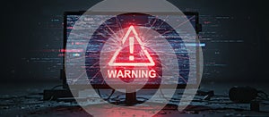 Computer monitor displaying warning symbol with corrupted data