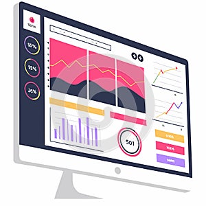 A computer monitor displays a colorful data dashboard with a modern design