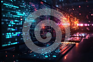 A computer monitor displays a colorful, glowing display of code