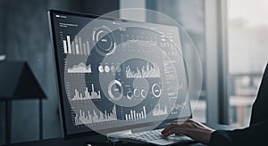 A computer monitor displays a complex array of data visualizations, including bar