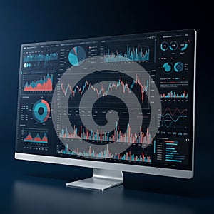 A computer monitor displays a complex data analytics dashboard. It features multiple