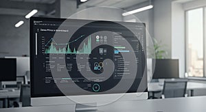 A computer monitor displays a data analytics dashboard in an office environment.