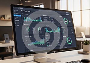 A computer monitor displays a data privacy dashboard with various