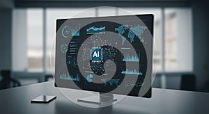 A computer monitor displays data visualizations focused on AI technology. The