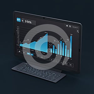A computer monitor displays a digital dashboard with performance data graphics.