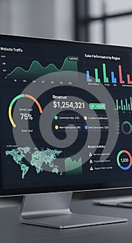 A computer monitor displays a digital dashboard with various analytics. The screen