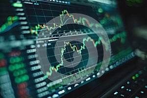 A computer monitor displays a graph of stock prices. The graph shows a downward trend, with the stock prices dropping