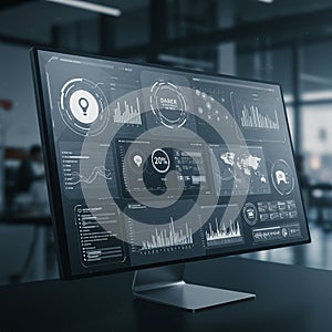 Computer monitor displays a high-tech user interface with various data visualizations