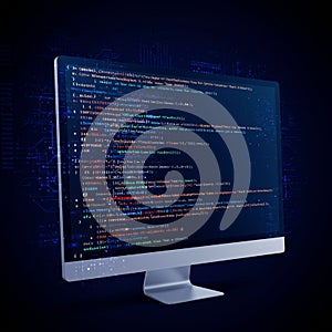 A computer monitor displays lines of colorful programming code against a dark