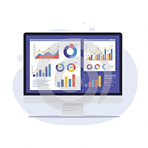 A computer monitor displays various data visualization charts, including line graphs,