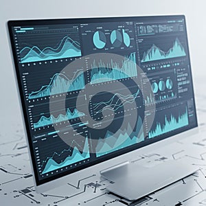 A computer monitor displays various data visualizations, including line graphs, bar