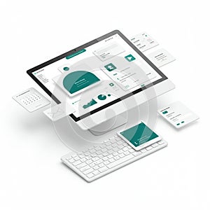 A computer monitor displays a website or application interface featuring various UI