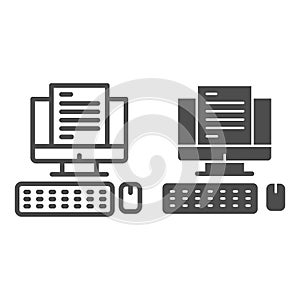 Computer monitor with document line and solid icon, business concept, Office documentation on screen vector sign on