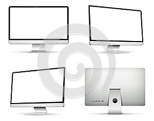 Computer monitor with empty display. Front, back and side view