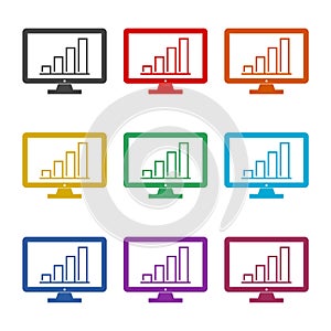Computer monitor with graph chart icon color set