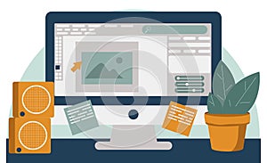 Computer and monitor of graphic animator creating video game, modeling motion, processing video file