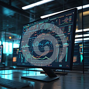 Computer monitor with graphs, map, dashboards. Technological background