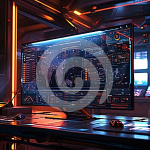 Computer monitor with graphs, map, dashboards. Technological background