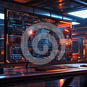 Computer monitor with graphs, map, dashboards. Technological background