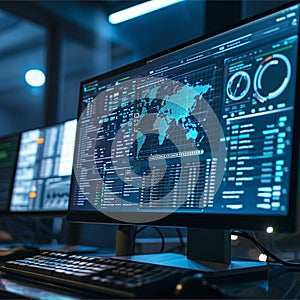 Computer monitor with graphs, map, dashboards. Technological background
