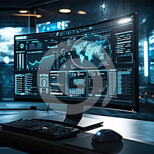 Computer monitor with graphs, map, dashboards. Technological background