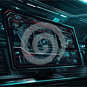 Computer monitor with graphs, map, dashboards. Technological background