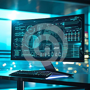 Computer monitor with graphs, map, dashboards. Technological background