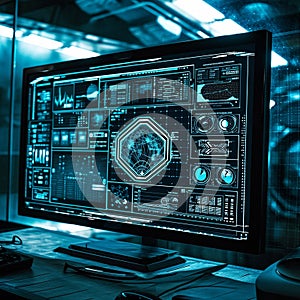 Computer monitor with graphs, map, dashboards. Technological background