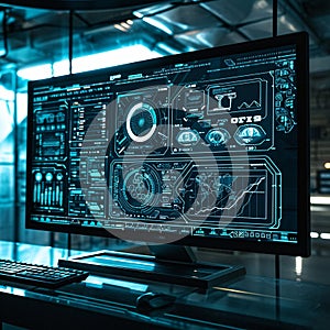 Computer monitor with graphs, map, dashboards. Technological background