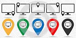 Computer monitor icon in location set. Simple glyph, flat illustration element of technology theme icons