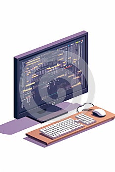 Computer monitor and keyboard on desk with mouse. Generative AI