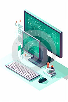 Computer monitor and keyboard on desk with mouse. Generative AI