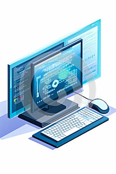 Computer monitor and keyboard on desk with mouse. Generative AI