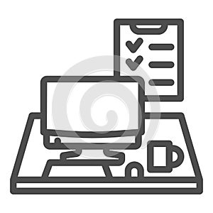 Computer monitor with keyboard, mouse and checklist line icon, business concept, Office desk vector sign on white