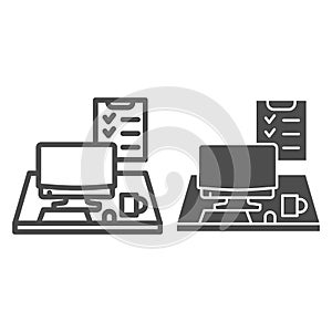 Computer monitor with keyboard, mouse and checklist line and solid icon, business concept, Office desk vector sign on