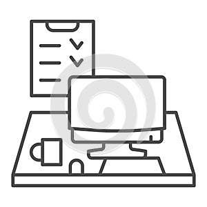 Computer monitor with keyboard, mouse and checklist thin line icon, business concept, Office desk vector sign on white