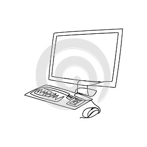 Computer monitor, keyboard, mouse continuous line drawing. One line art of home appliance, LSD screen, personal computer