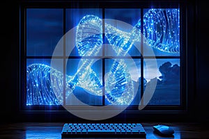 A computer monitor, keyboard, and mouse on a desk by a window