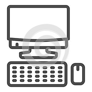 Computer monitor with keyboard and mouse line icon, smart home symbol, technology vector sign on white background, pc