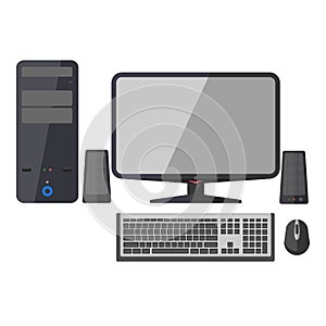 Computer, monitor, keyboard and mouse.