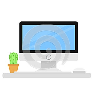 Computer monitor, keyboard and mouse on office table with cactus in cartoon style icon on white, stock vector illustration