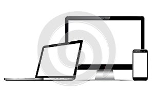 Computer monitor, laptop and mobile phone with blank screen