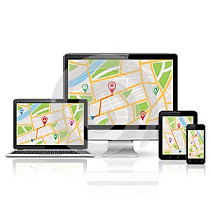 Computer monitor, laptop, tablet pc and mobile phone with GPS map