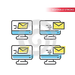 Computer monitor with letter thin line icon. E-mail symbol, screen with email envelope.