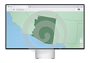 Computer monitor with map of Arizona in browser, search for the country of Arizona on the web mapping program