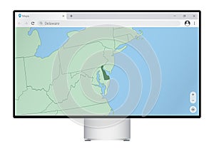 Computer monitor with map of Delaware in browser, search for the country of Delaware on the web mapping program