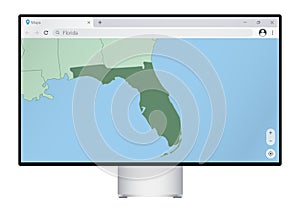 Computer monitor with map of Florida in browser, search for the country of Florida on the web mapping program