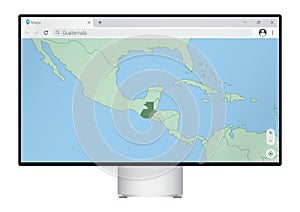 Computer monitor with map of Guatemala in browser, search for the country of Guatemala on the web mapping program photo