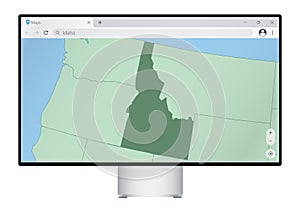 Computer monitor with map of Idaho in browser, search for the country of Idaho on the web mapping program