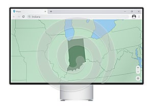 Computer monitor with map of Indiana in browser, search for the country of Indiana on the web mapping program